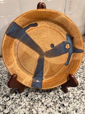 Handcrafted signed studio pottery plate with Blue Glaze Accent
